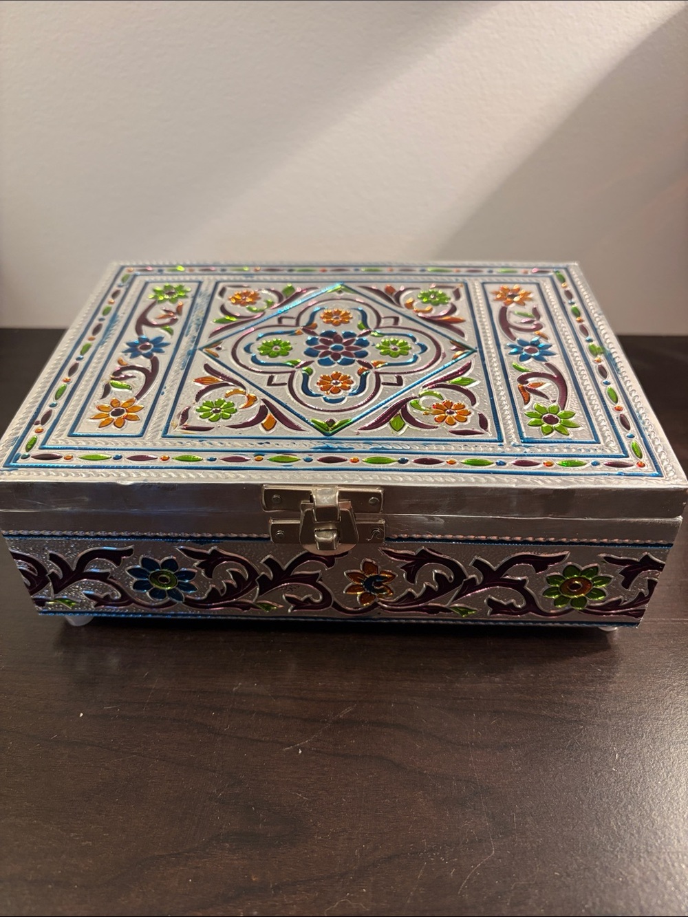 Hand-Painted Floral Trinket Box - Silver with Multicolor Accents